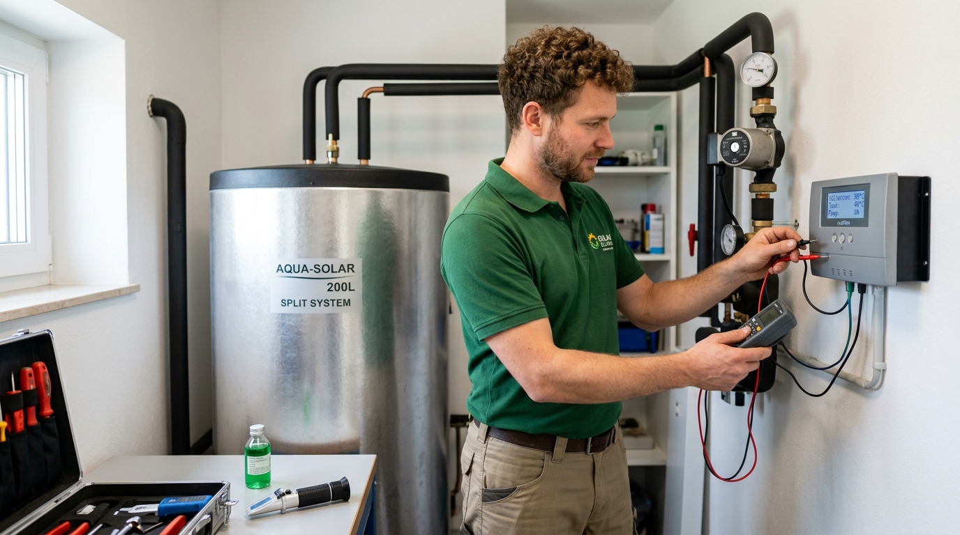 Technician checking a split solar water heater controller, pump station and storage tank during maintenance service